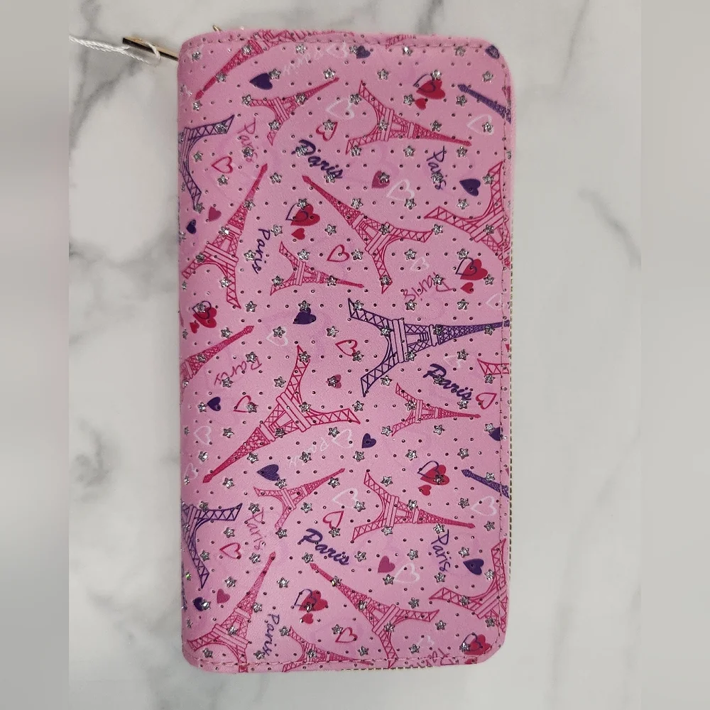 Pink Blush Kiss Glitter Paris Eiffel Tower Print Two Zipper Women's Wallet - Picture 6 of 14